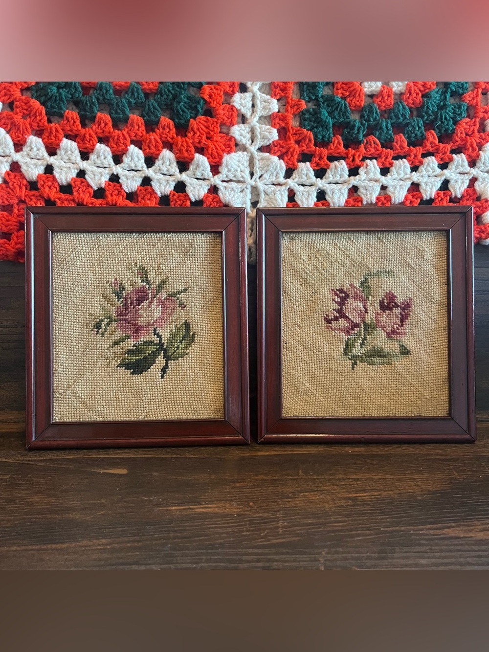 Vintage Antique Square Framed Needlepoint Flowers Floral Art Cottage Pitit